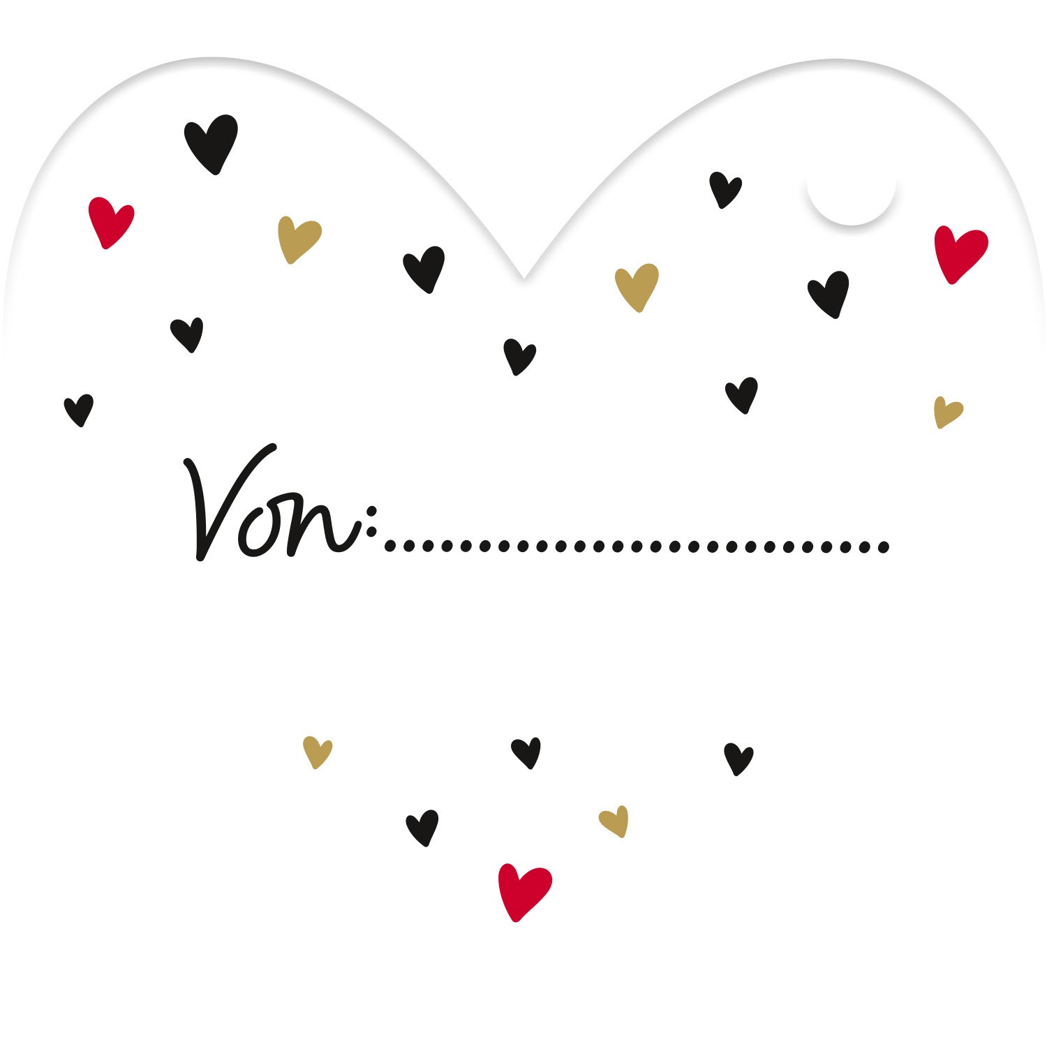 Weiße Geschenkkarte mit bunten Herzen und der Aufschrift 'Von:'