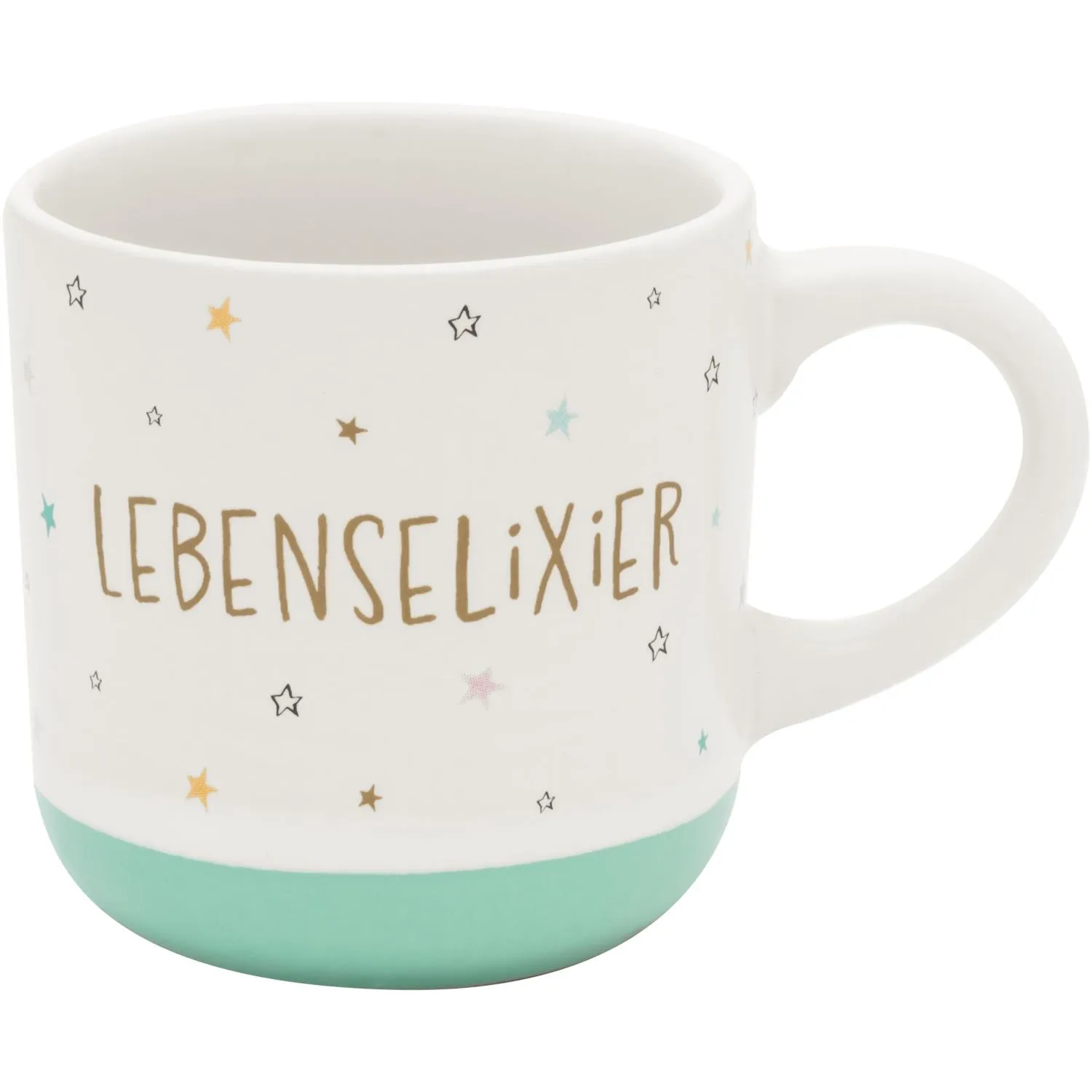 Weiße Espressotasse aus Steinzeug mit mintgrüner Bodenlinie, Sternenmotiv und Lebenselixier-Schriftzug