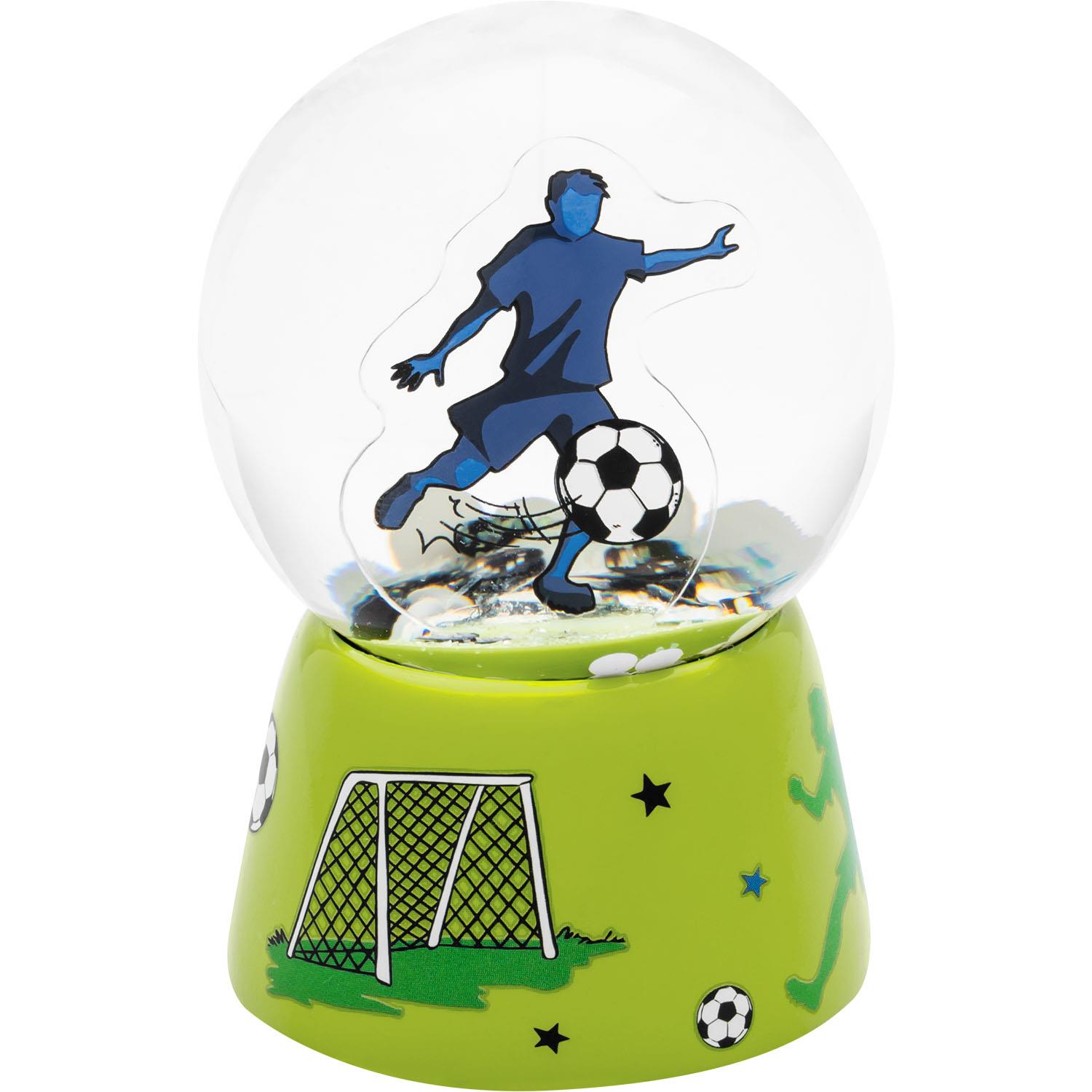 Schneekugel mit 3D-Fußballfigur auf grünem Sockel, Glasball mit Glitter