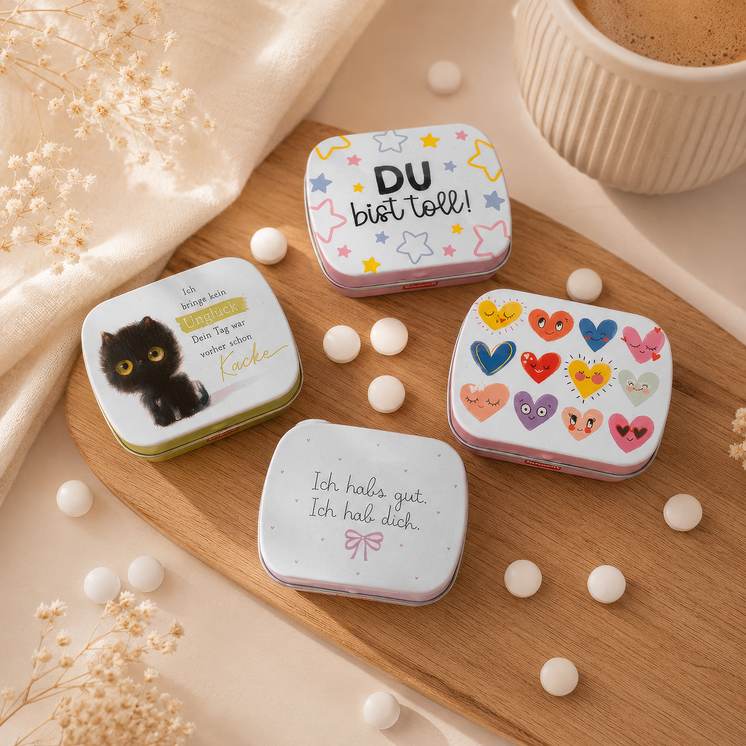 Mintdose mit Spruch 'Du bist toll!' in Pastellfarben