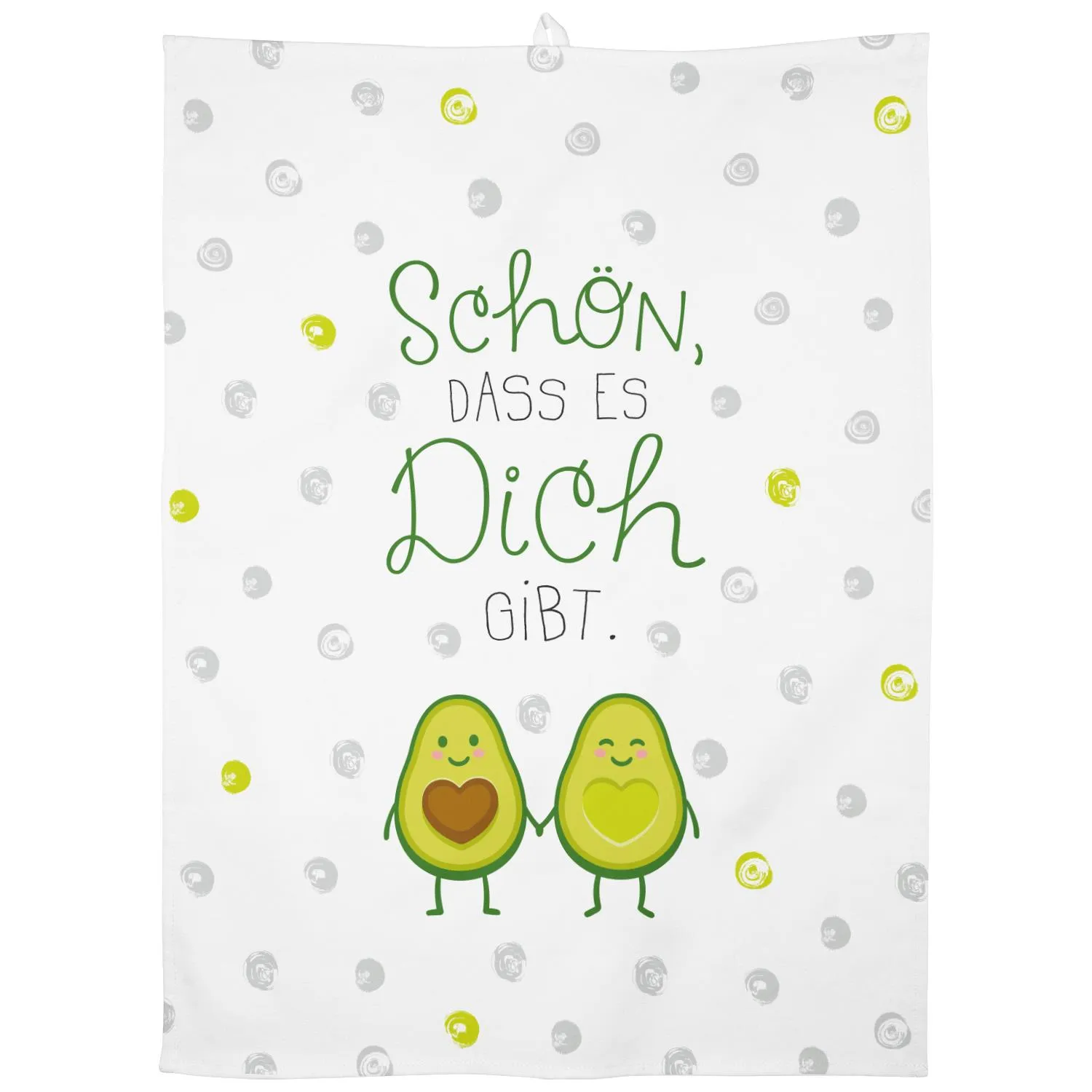 Weißes Geschirrtuch mit zwei fröhlichen Avocados, Herzen und Spruch.