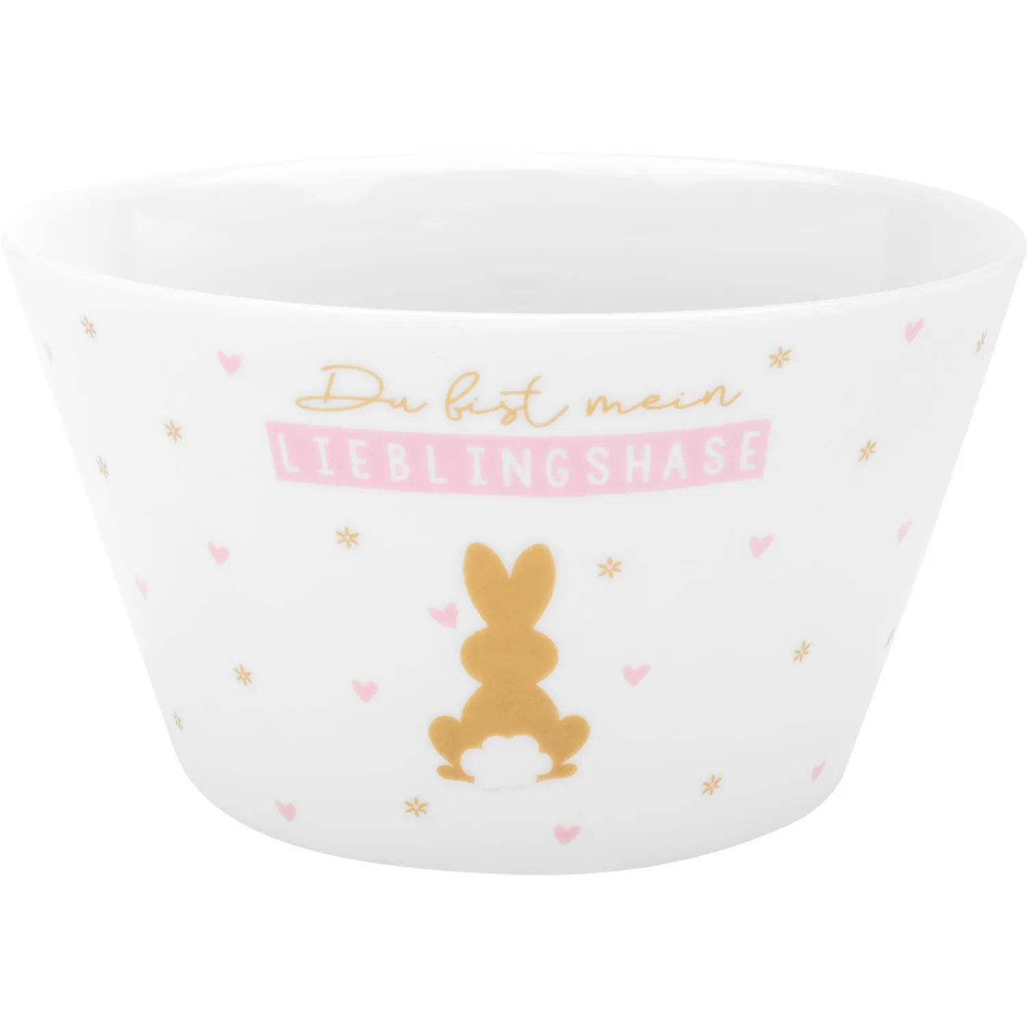 Weiße Osterschale mit goldenem Hasenmotiv und pinkem Schriftzug 'Du bist mein Lieblingshase'.