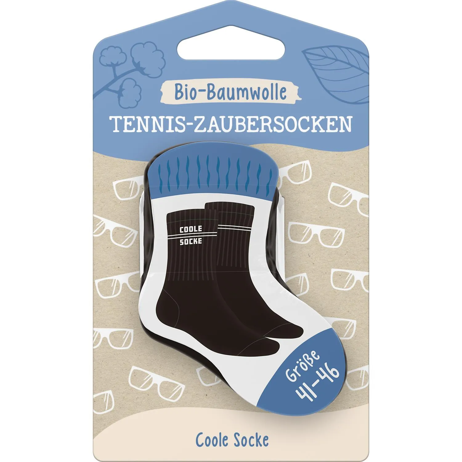 Bio-Baumwoll-Tennis-Zaubersocken im Verpackungsdesign, schwarzer Sockenteil mit weißem Schriftzug 'Coole Socke', Größe 41-46.