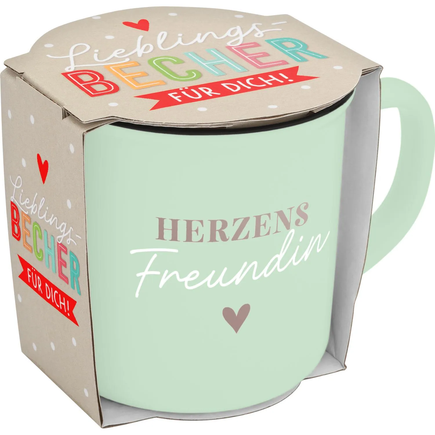 Pastellmintgrüne Lieblingstasse mit roséfarbenem Schriftzug 'Herzens Freundin' und Herz