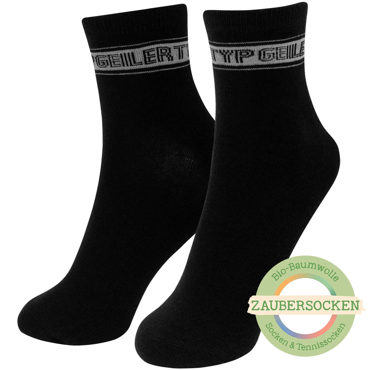 Paar schwarze Bio-Baumwollsocken mit grauem Markenband am Bund
