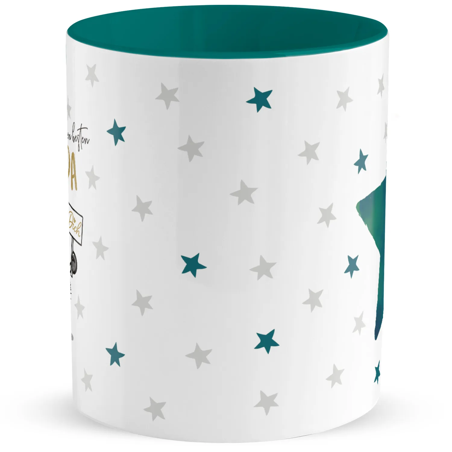 Personalisierte Porzellantasse mit Sternenmuster, weiß, türkis Innenfarbe, Name frei wählbar.