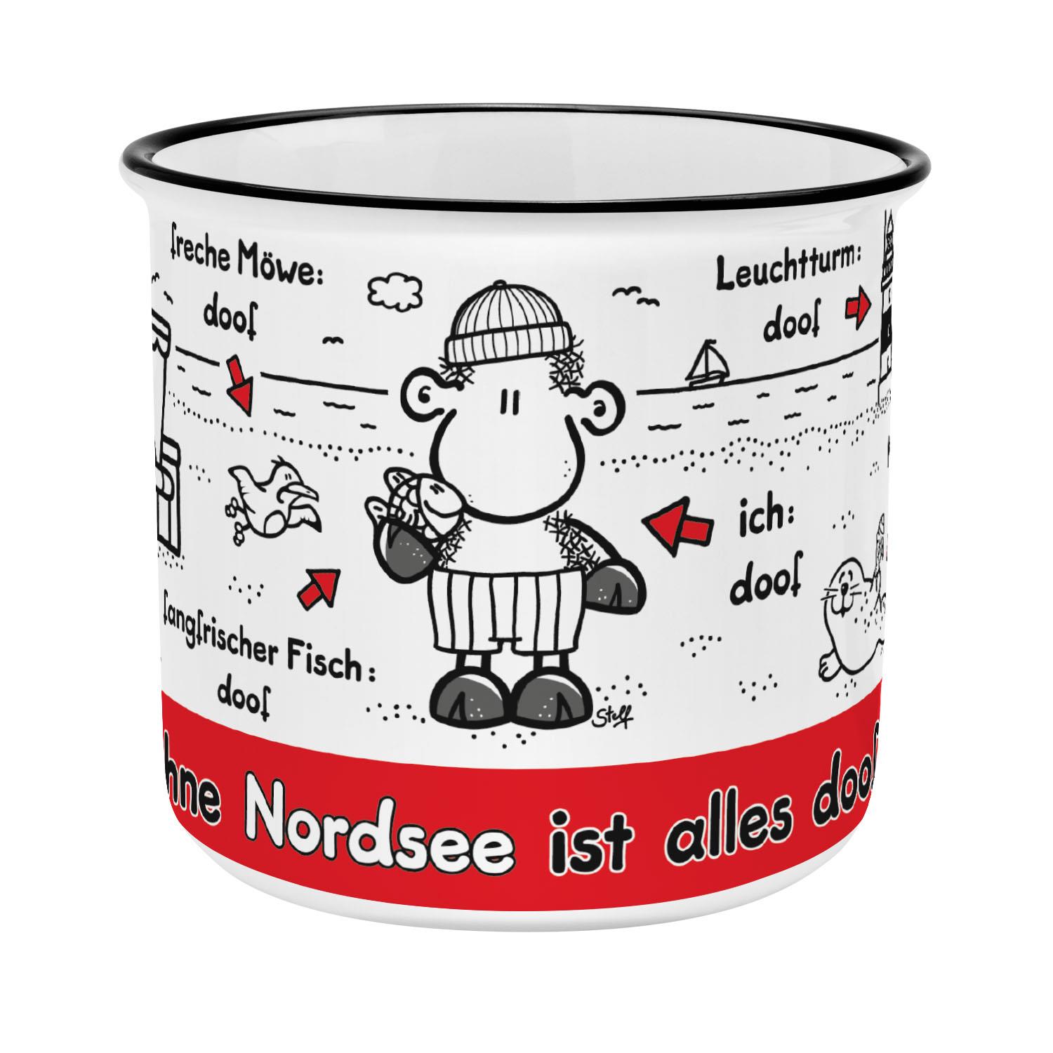Weiße Porzellan-Tasse mit Cartoon-Schaf, rotem Rand und Nordsee-Spruch