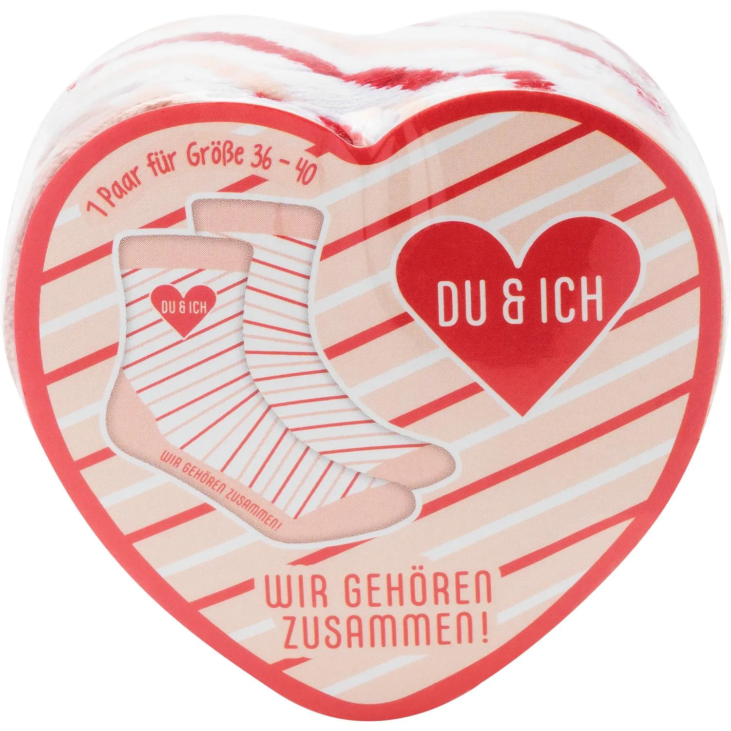 Herzförmige Verpackung mit Du & Ich-Zaubersocken, Rosa-Beige Streifen, rotes Herz.