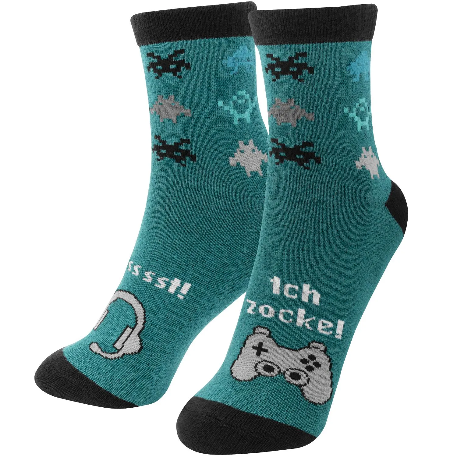 Tealfarbene Gaming-Socken mit Pixel-Icons und Controller