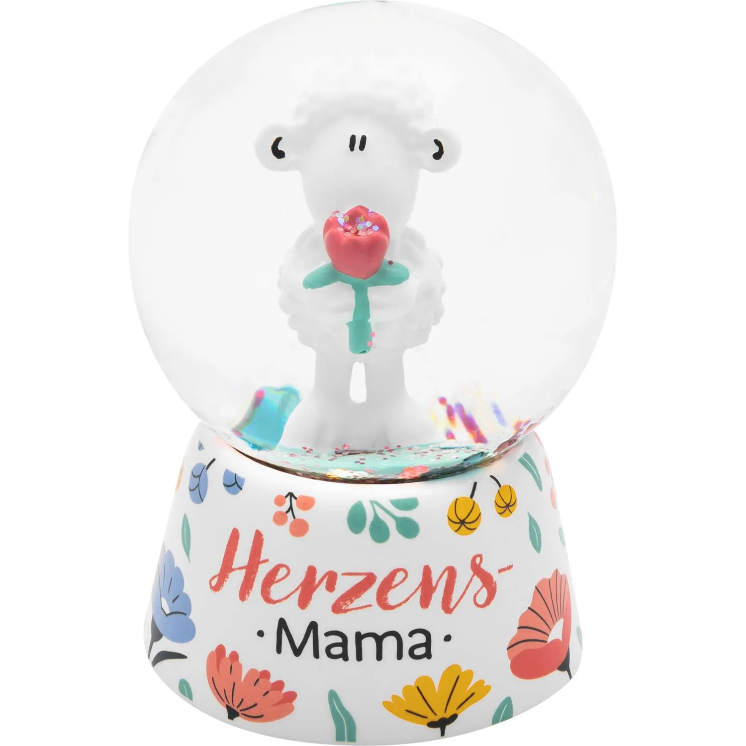 Schneekugel mit 3D-Schaffigur, Herzchen und Blumen-Sockel – Aufschrift Herzens Mama.