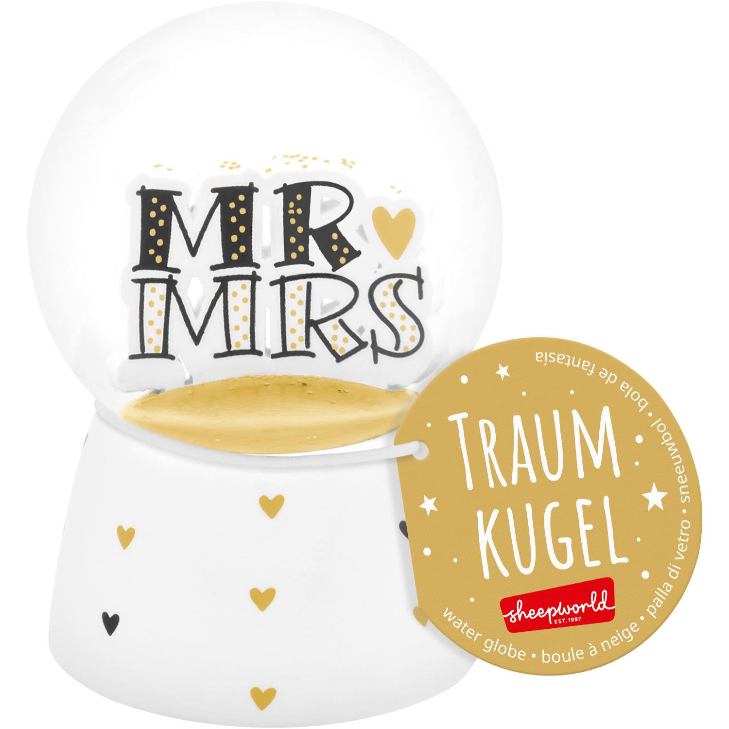 Weiße Glas-Traumkugel mit MR & MRS-Schrift, Goldakzenten und Herzen, inkl. Goldanhänger.