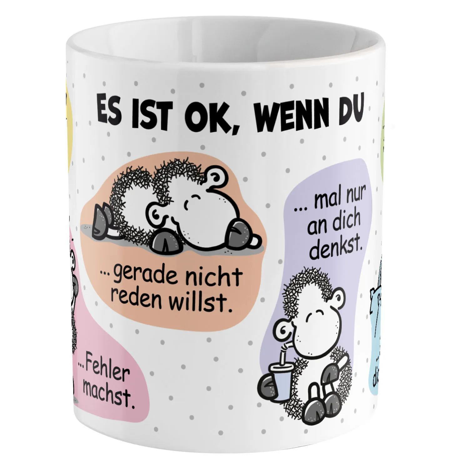 Weiße Porzellan-Tasse mit Schäfchen-Illustrationen und Spruch.