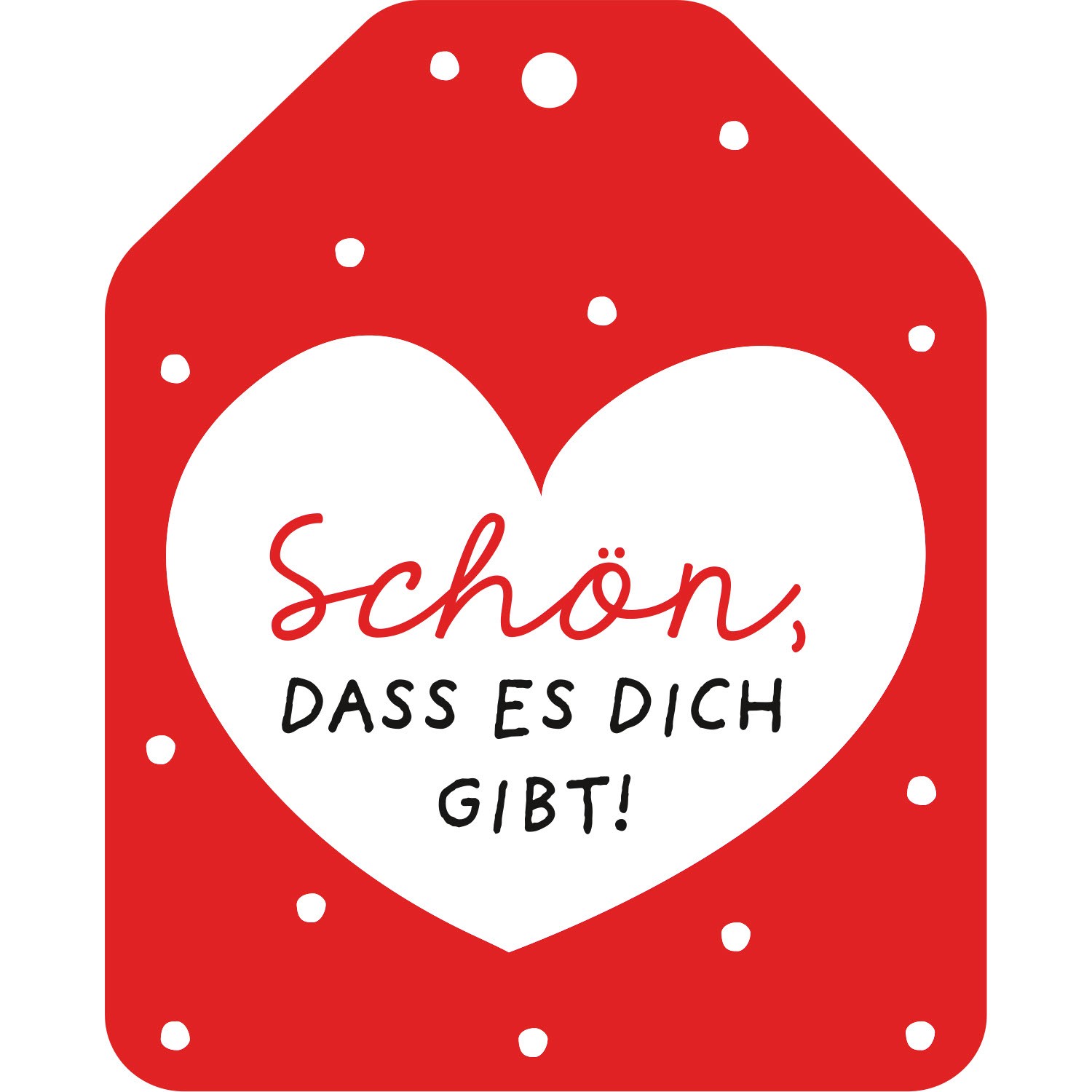 Rotes Windlicht mit weißem Herzmotiv und Aufdruck Schön, dass es Dich gibt, aus Glas mit Metallgriff und Juteseil