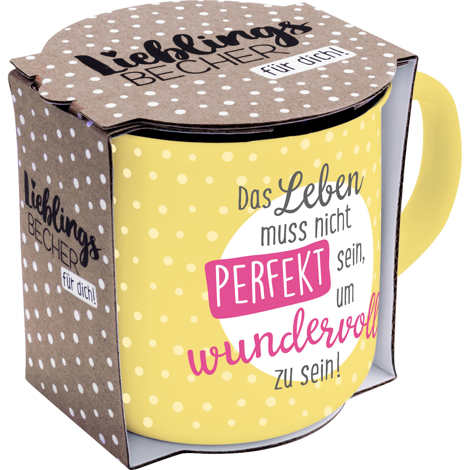 Gelber Porzellan-Becher mit Punkten und Spruchtext; Geschenkverpackung inklusive.