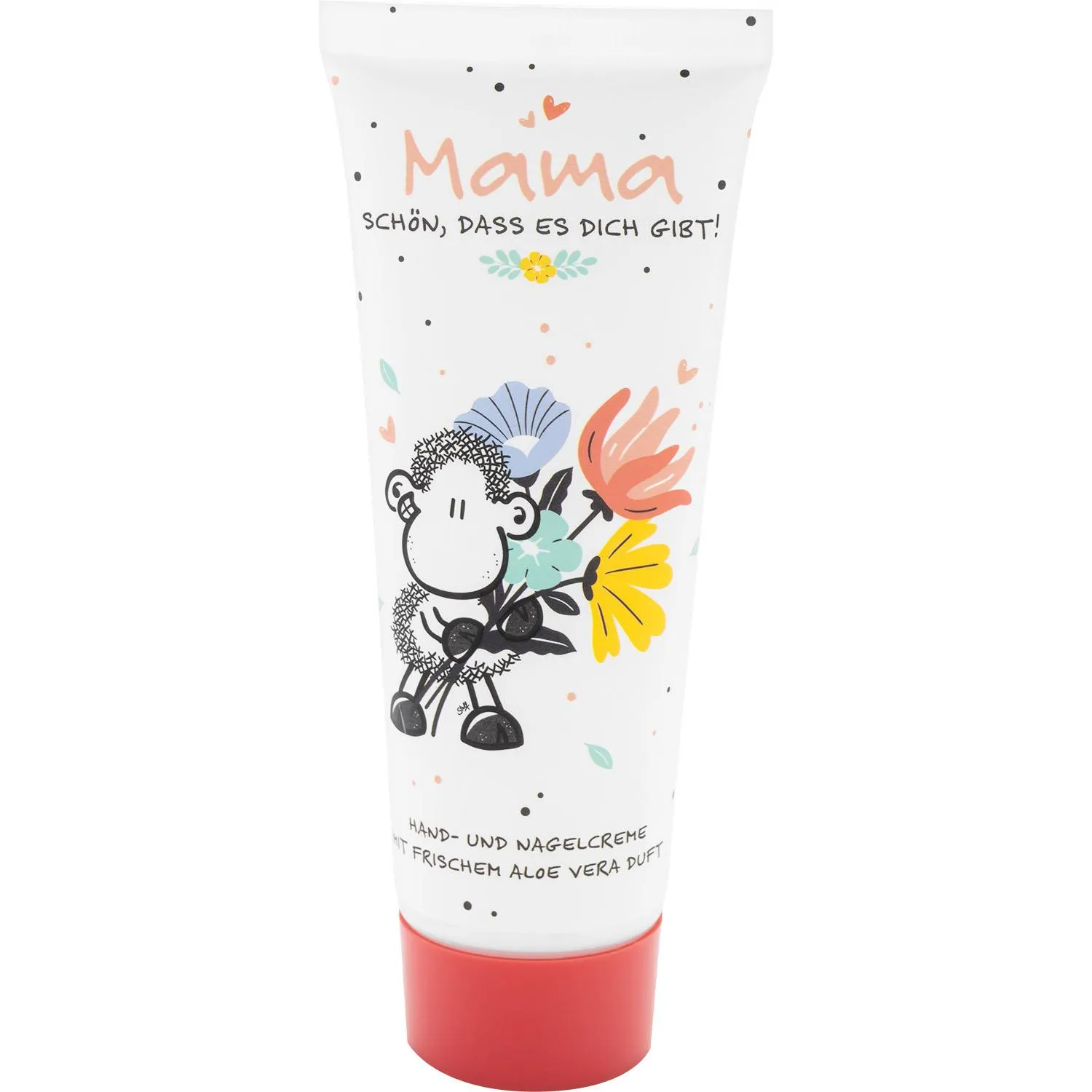 Handcreme-Tube mit Schäfchen-Motiv und Aloe-Vera-Duft, roter Deckel