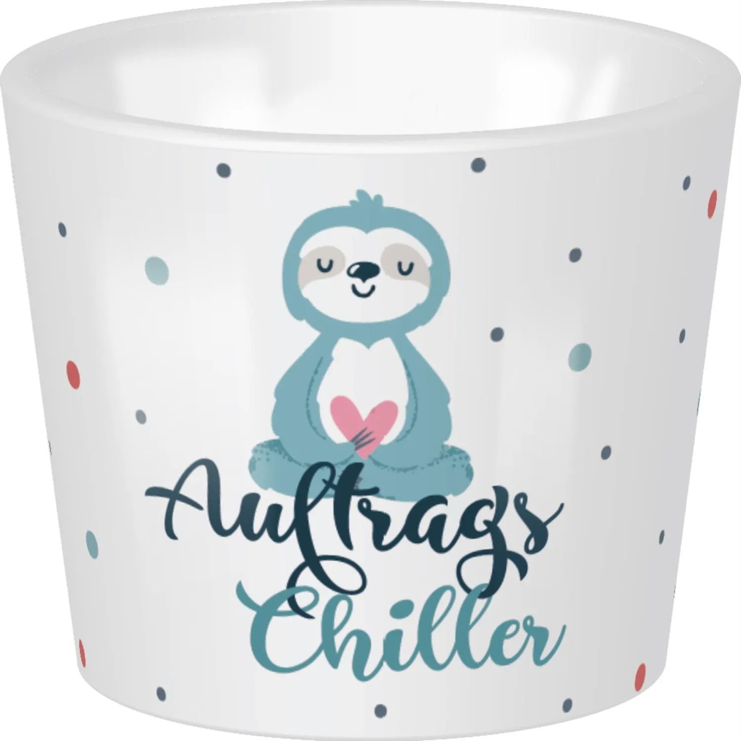 Weißer Porzellan-Eierbecher mit Faultier-Motiv, Herz und bunten Punkten