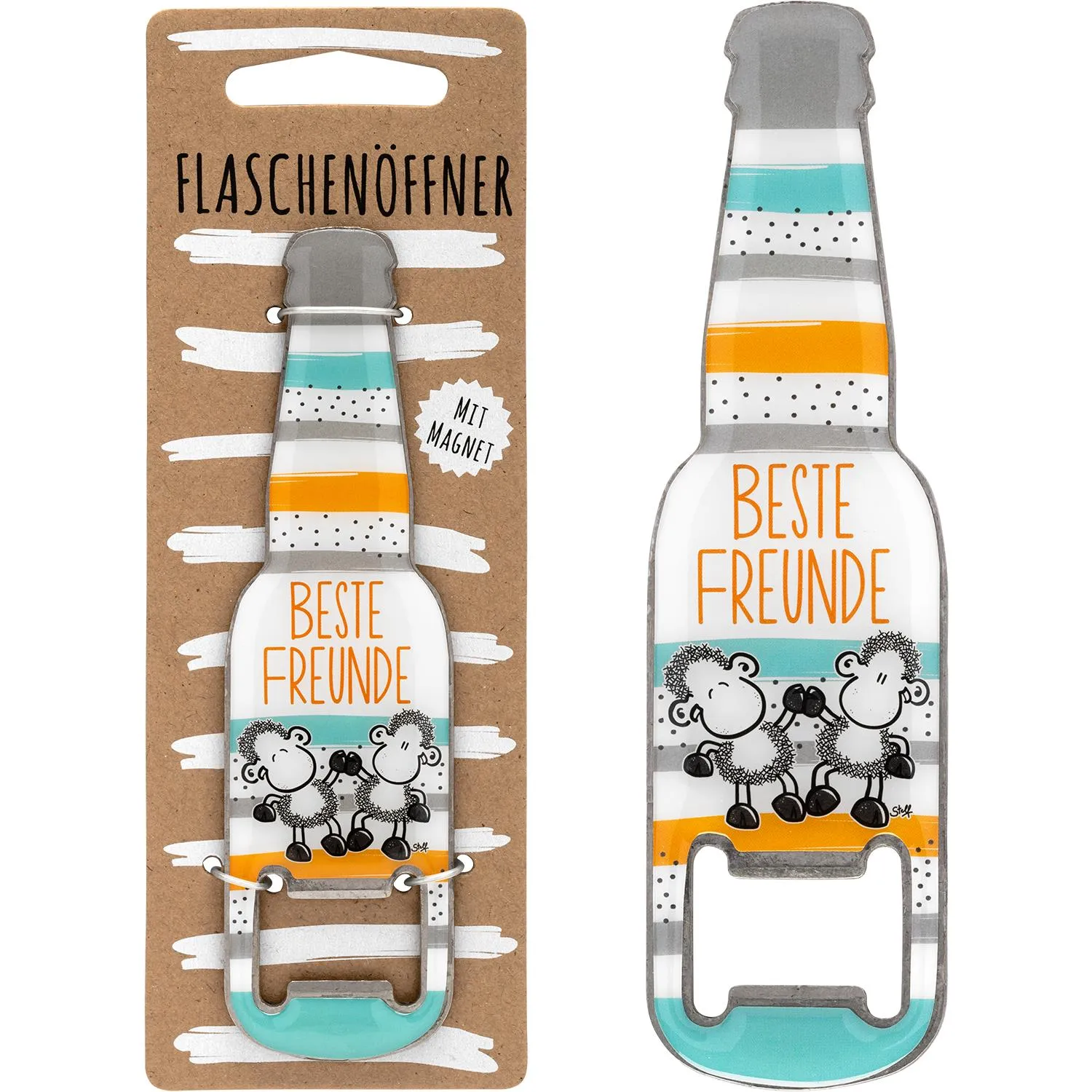 Flaschenöffner »Beste Freunde« aus Edelstahl mit Magnet, bunte Streifen und Schäfchen-Motiv.