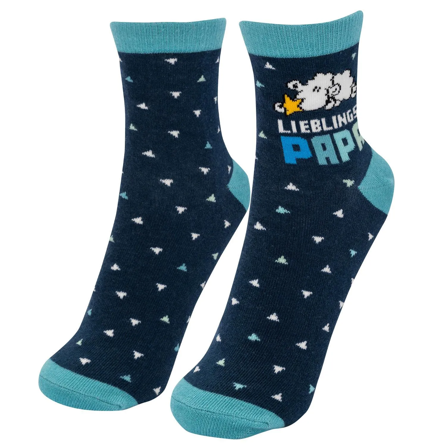 Dunkelblaue Zaubersocken mit kleinem Dreiecks-Muster und Schäfchen-Motiv 'Lieblingspapa'.