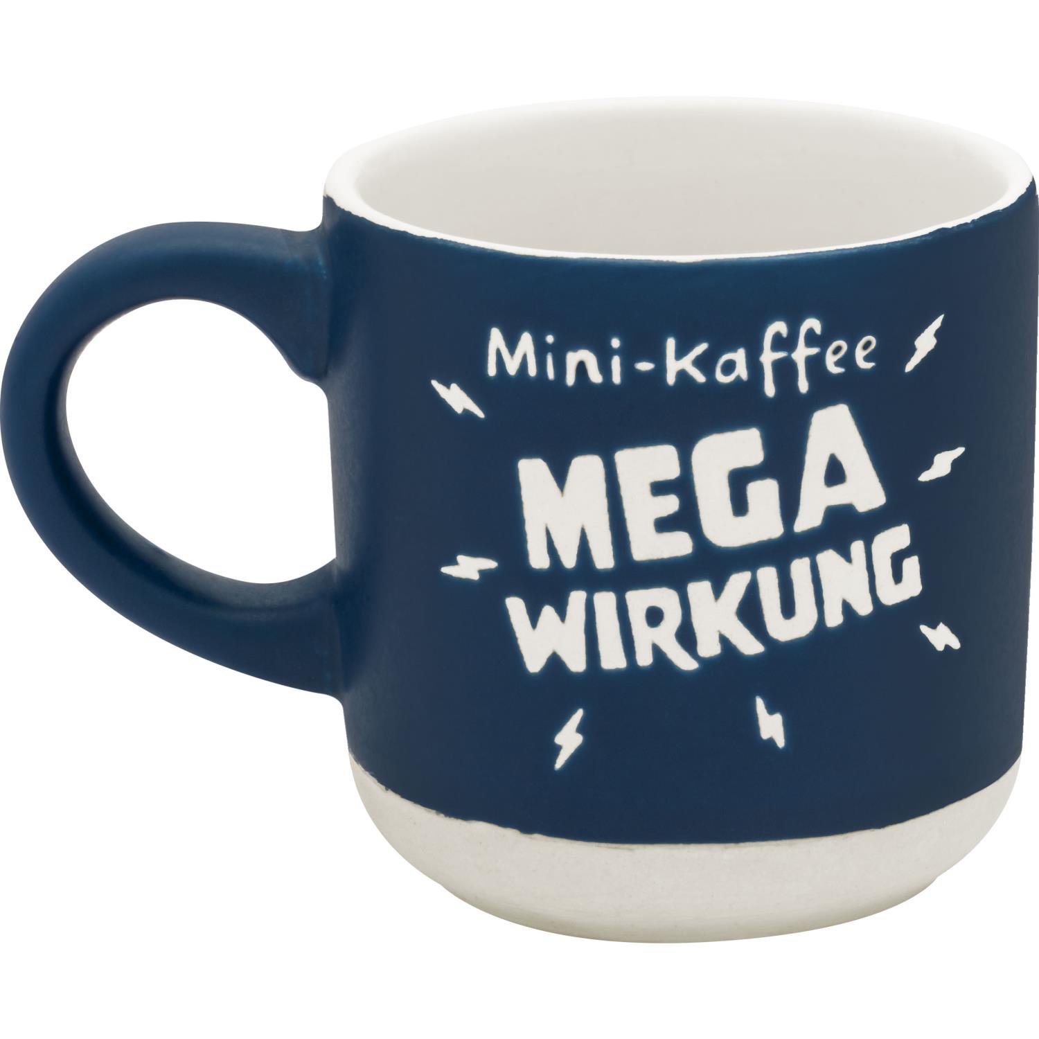 Dunkelblaue Espressotasse mit weißem Text Mega Wirkung und kompakter Form.
