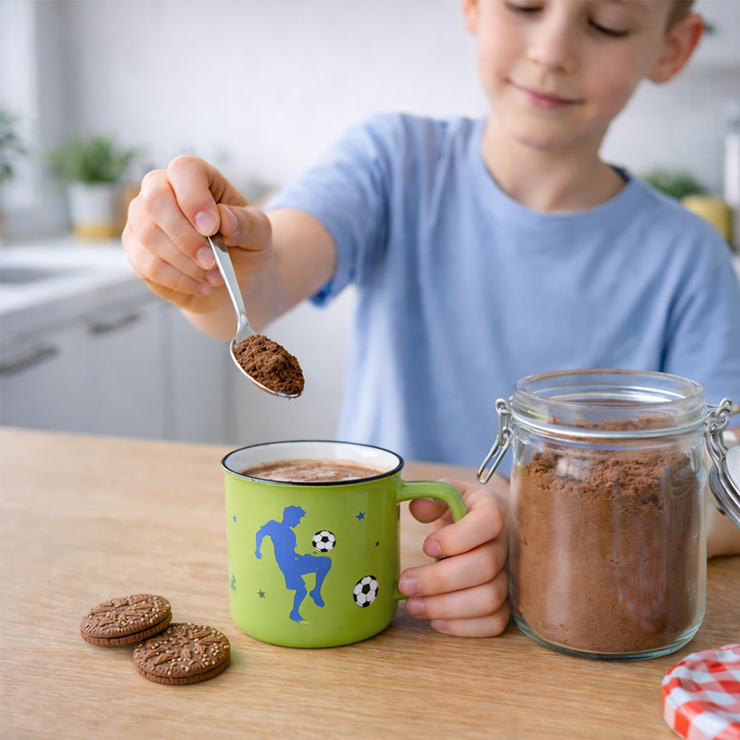 Grüner Becher mit Fußball-Silhouette, daneben Glas mit Kakao-Pulver und Keksen.