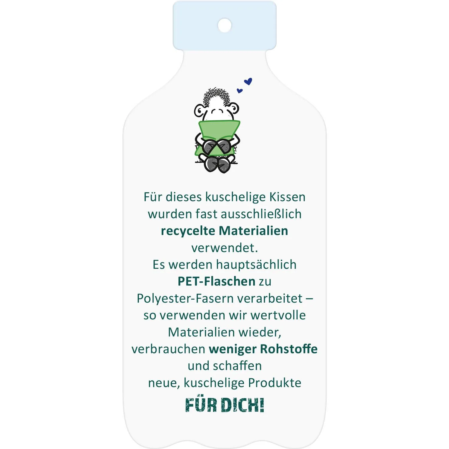 Tag mit Schäfchen-Illustration und Hinweis auf recycelte Materialien für das Plüschkissen Denke
