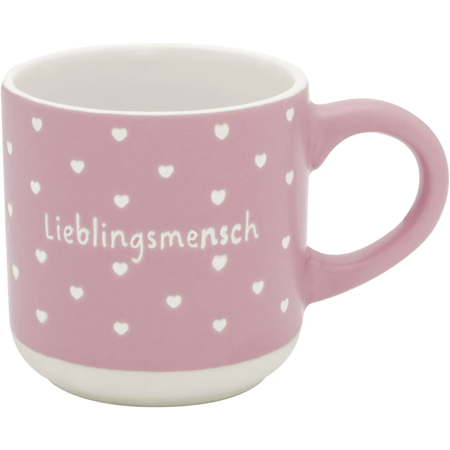 Pinkfarbene Espressotasse mit Herzchen-Muster und dem Schriftzug »Lieblingsmensch«.