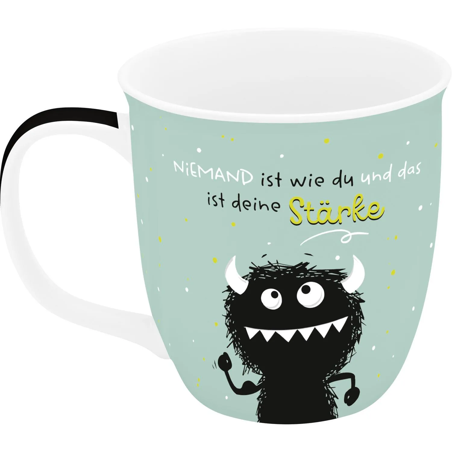 Weiße Porzellans-Tasse mit Mint-Grünem Hintergrund, schwarzer Monster-Illustration und gelbem Stärke-Spruch