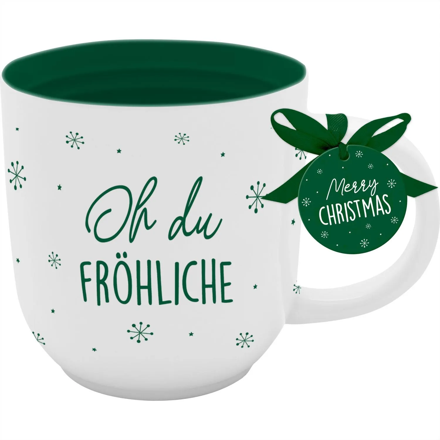 Weiße Porzellan-Tasse mit grünem Innenraum und Schriftzug Oh du Fröhliche