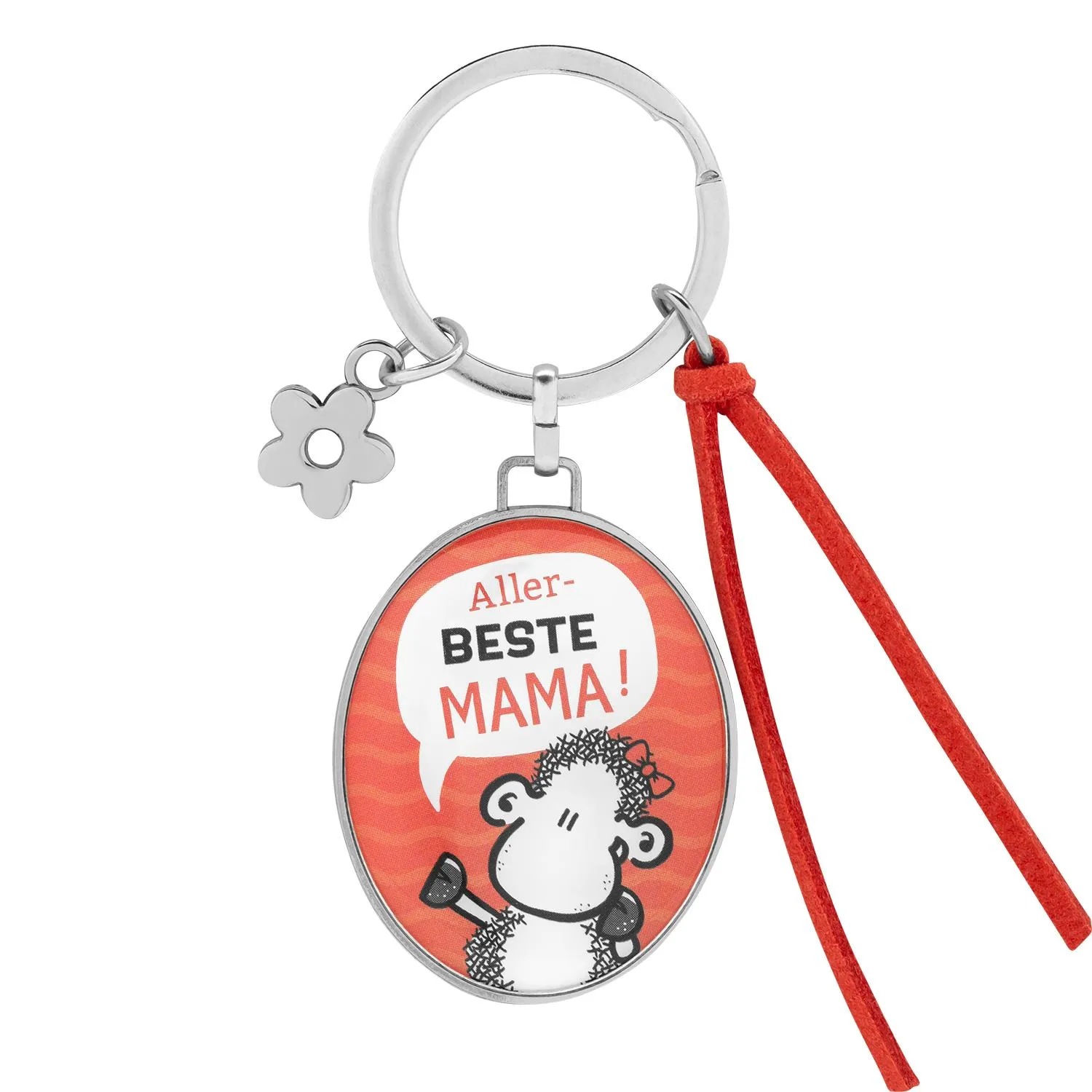 Runder Schlüsselanhänger mit Motivdruck 'Aller BESTE MAMA!' auf orangerotem Hintergrund, rotem Kunstlederband und Blüten-Charm