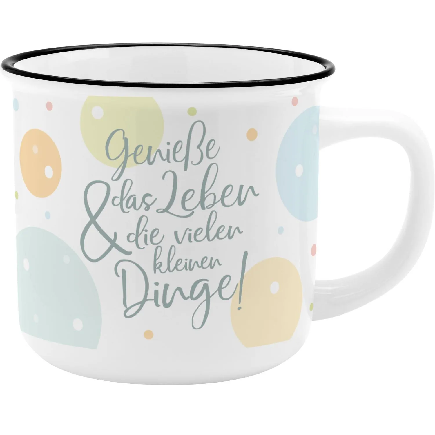 Weißer Porzellan-Becher mit Pastell-Druck und Spruch Genieße das Leben