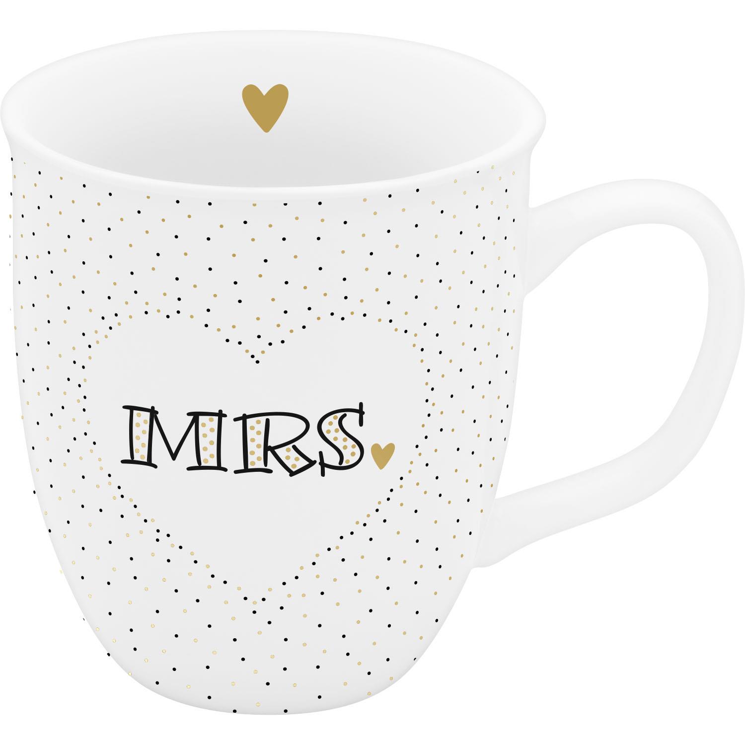 Weiße Porzellantasse mit MRS-Schriftzug, Goldherz und Punkte-Dekor