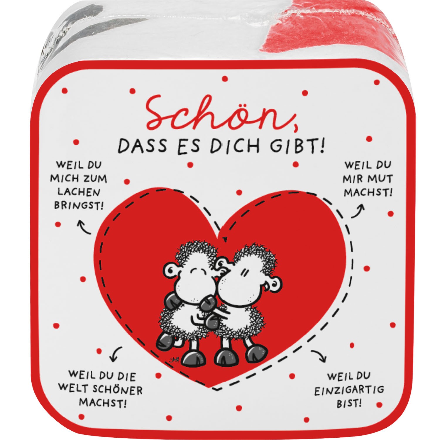 Weißes Zauberhandtuch mit rotem Herz und zwei Schäfchen – Druckmotiv