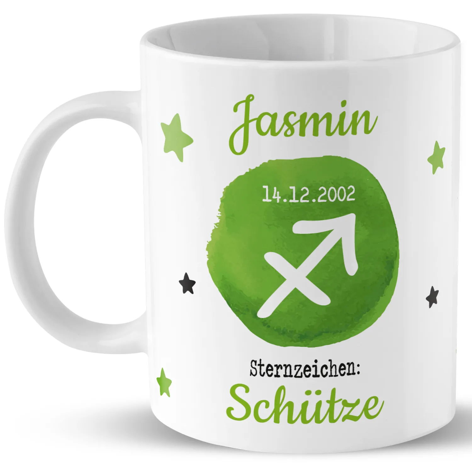 Personalisierte Porzellan-Tasse mit grünem Schütze-Kreis und Namen