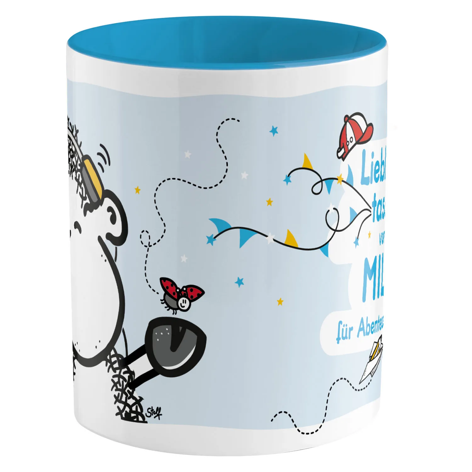Personalisierte Porzellantasse mit Schafmotiv und blauem Innenraum.