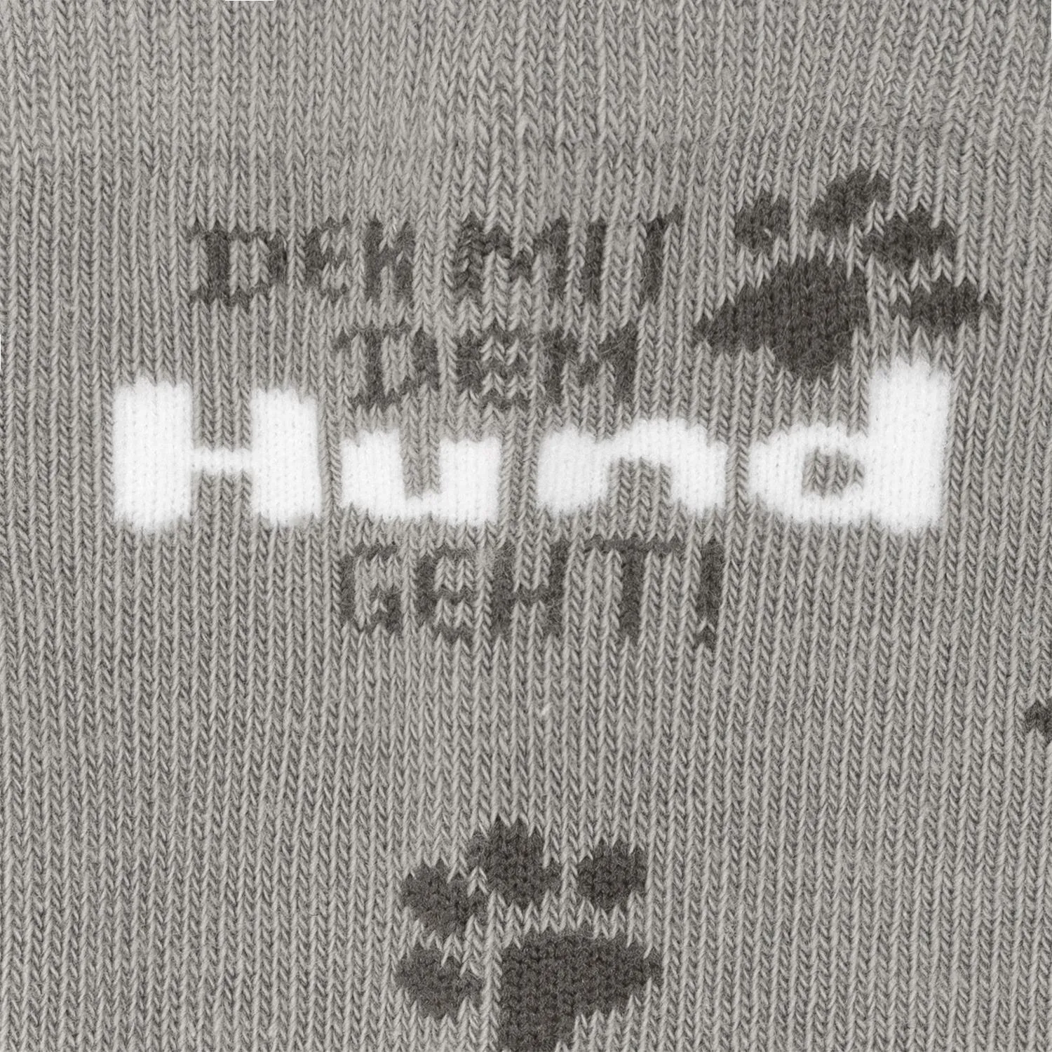 Graue gestrickte Socken mit Pfotenmotiv und Schriftzug Hug aus Bio-Baumwolle