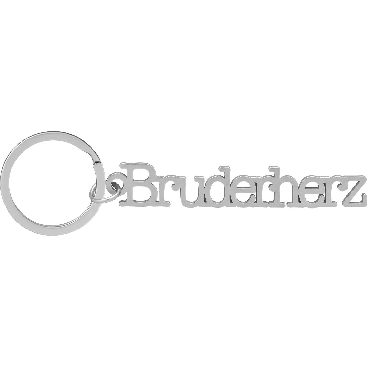 Schlüsselanhänger mit silbernem Schriftzug Bruderherz aus Edelstahl und Ring