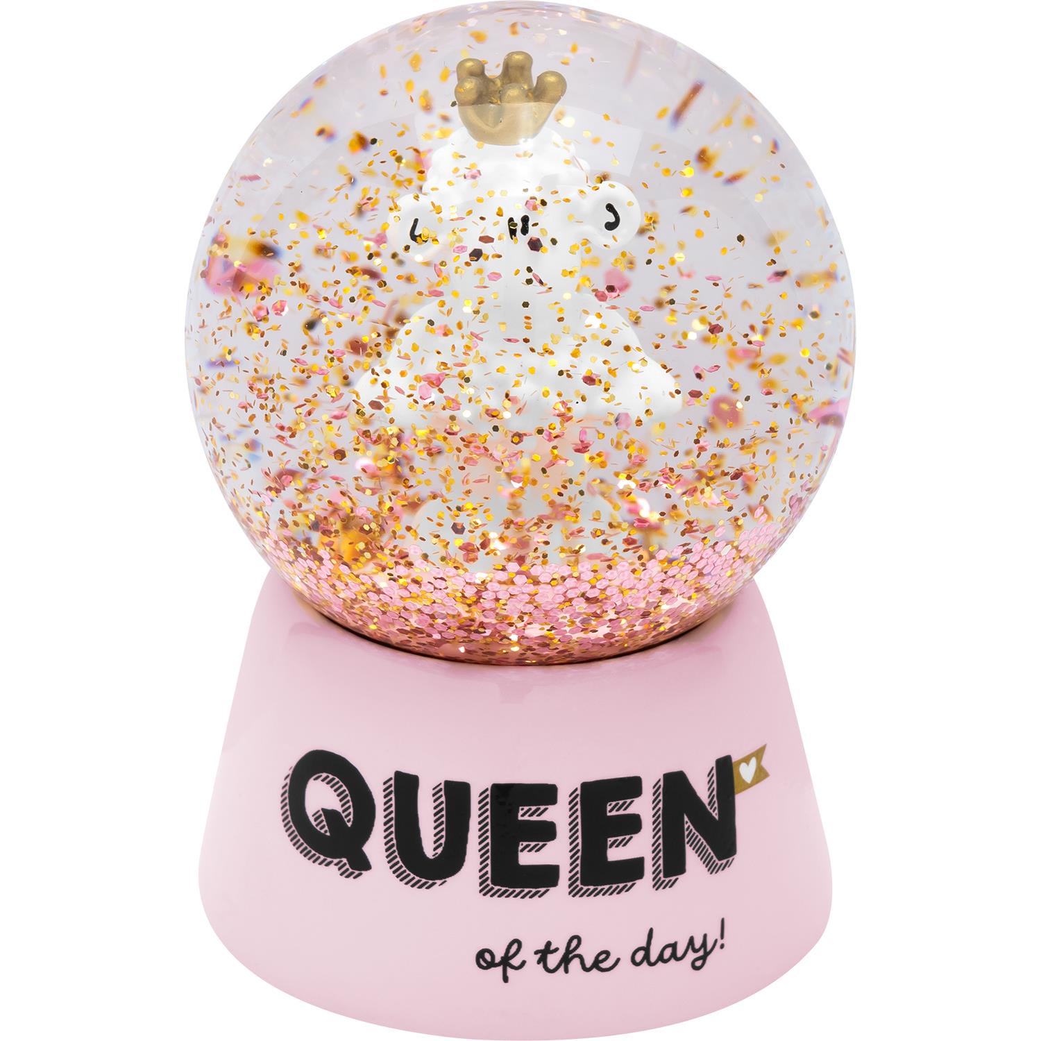 Schneekugel aus Glas mit rosa Sockel, 3D-Schaffigur mit Krone und Glitter