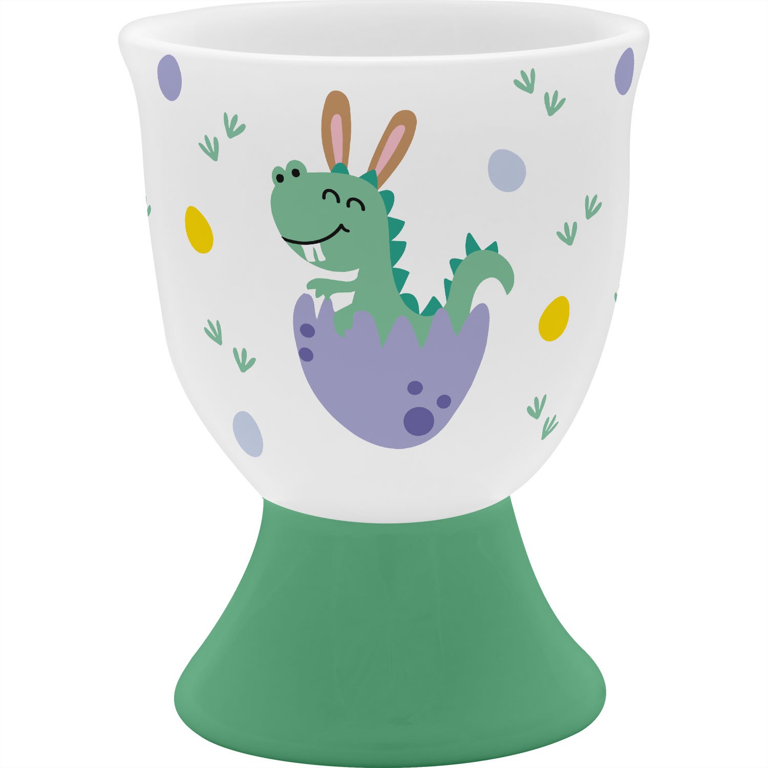 Porzellan-Eierbecher mit Dino-Motiv und Füßchen – buntes Frühstücks-Accessoire für Kinder.