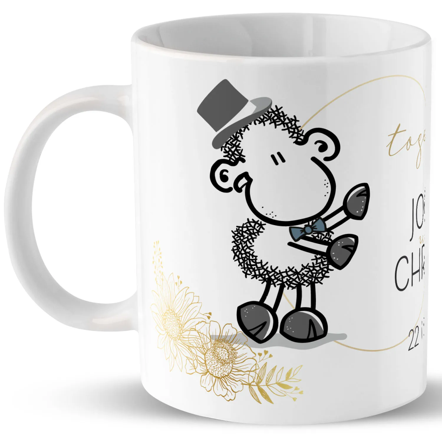 Weiße Porzellan-Tasse mit Schaf-Skizze und goldenen Blumen