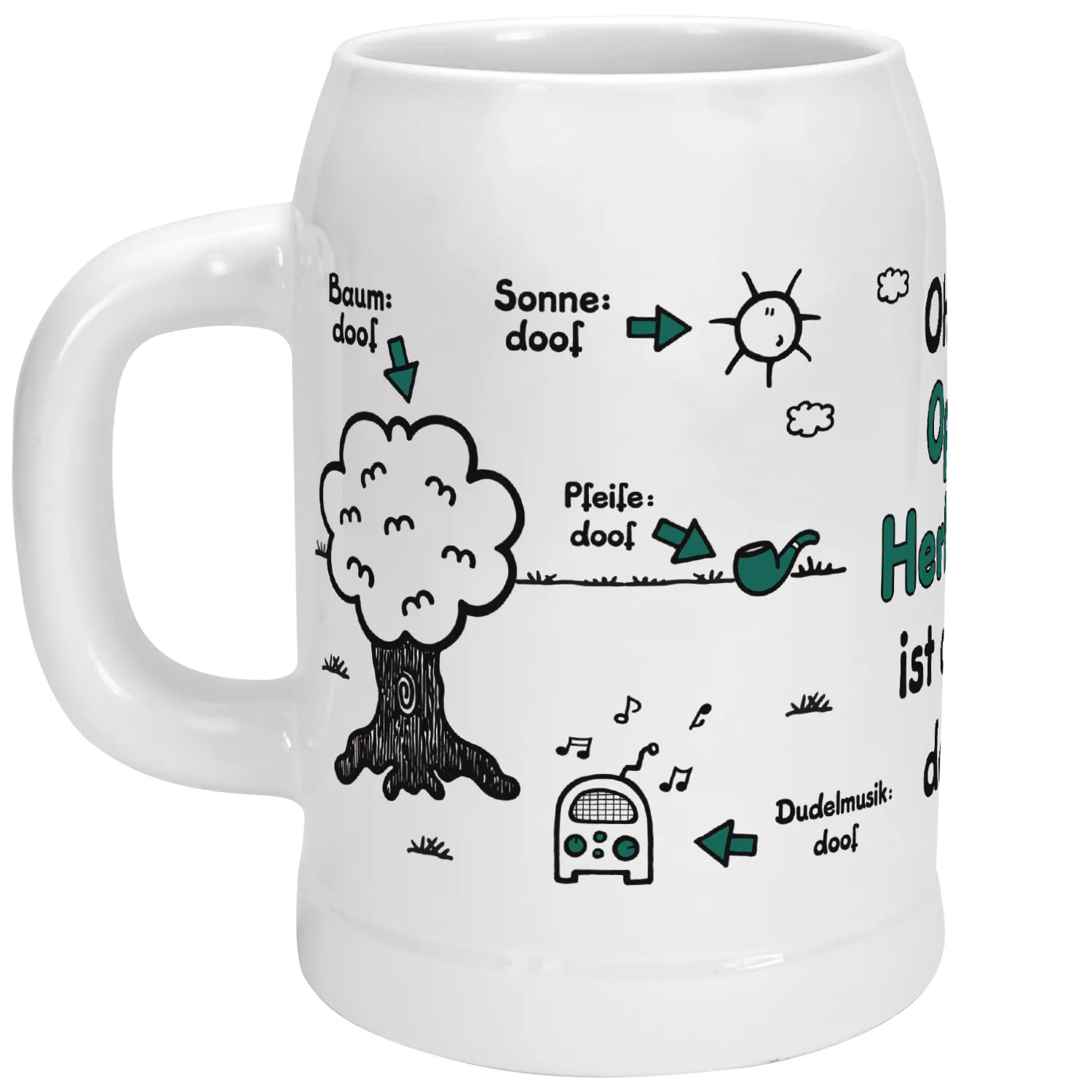 Weißer Keramik-Bierkrug mit schwarzem Doodle-Motiv und personalisiertem Spruch