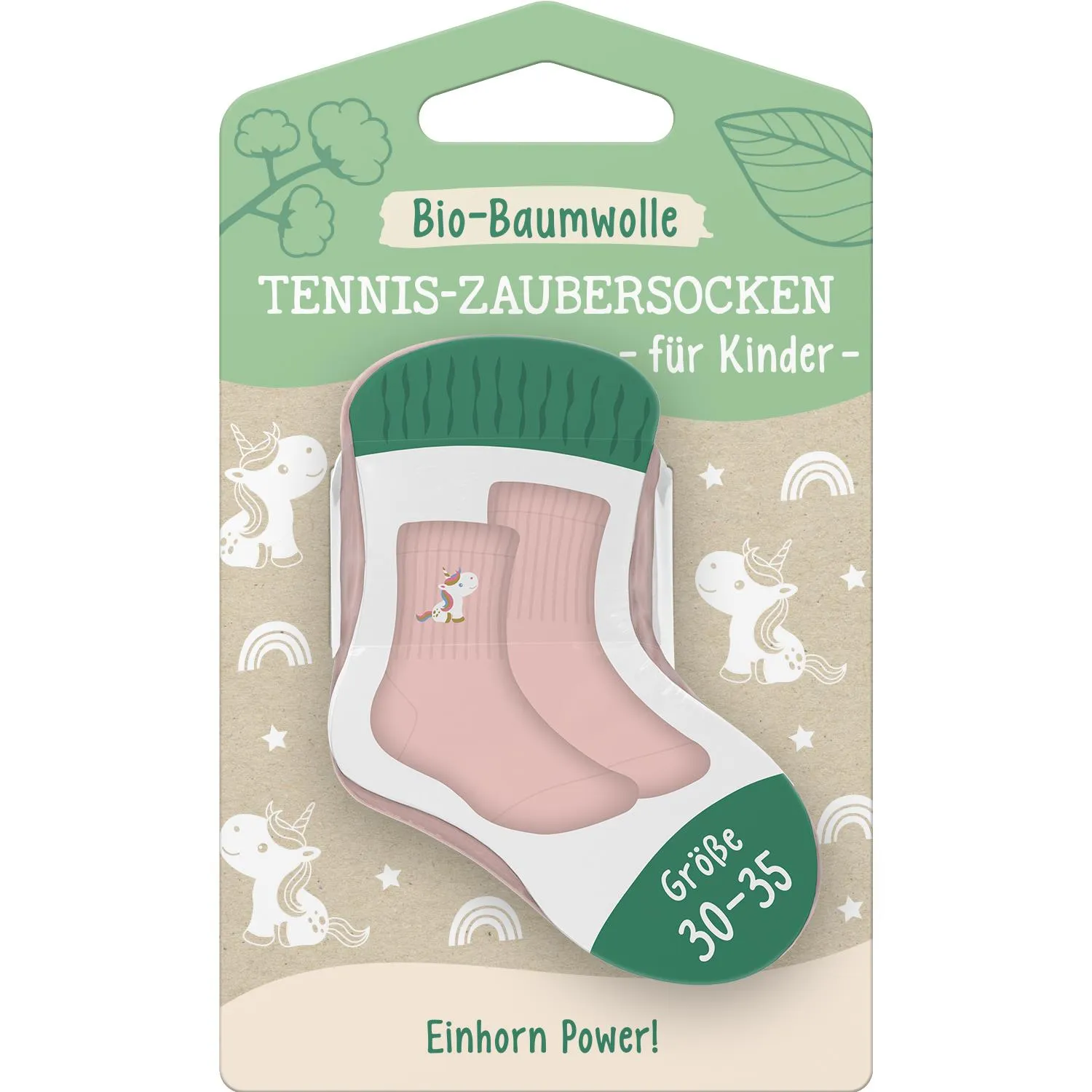 Rosa Kinder-Zaubersocken mit Einhorn-Motiv, Bio-Baumwolle, Größe 30-35.