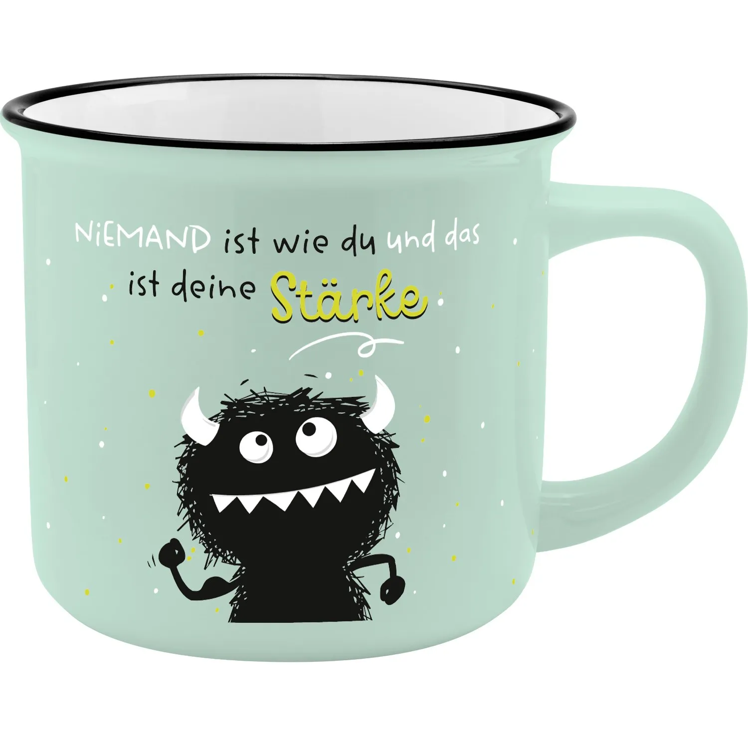 Porzellan-Becher in Mint mit Monster-Motiv und Spruch