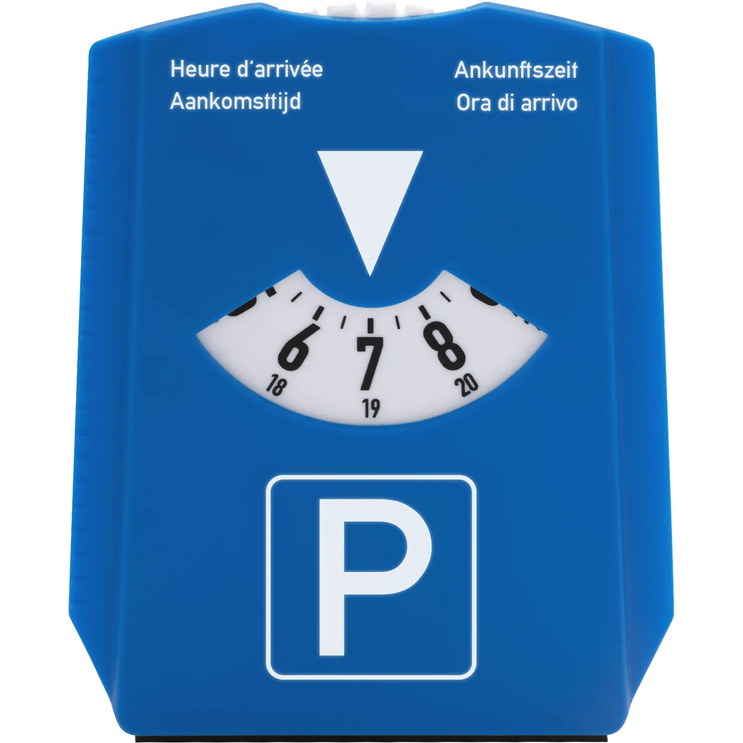 Blaue Parkscheibe aus Kunststoff mit Ziffernkreis und P-Symbol