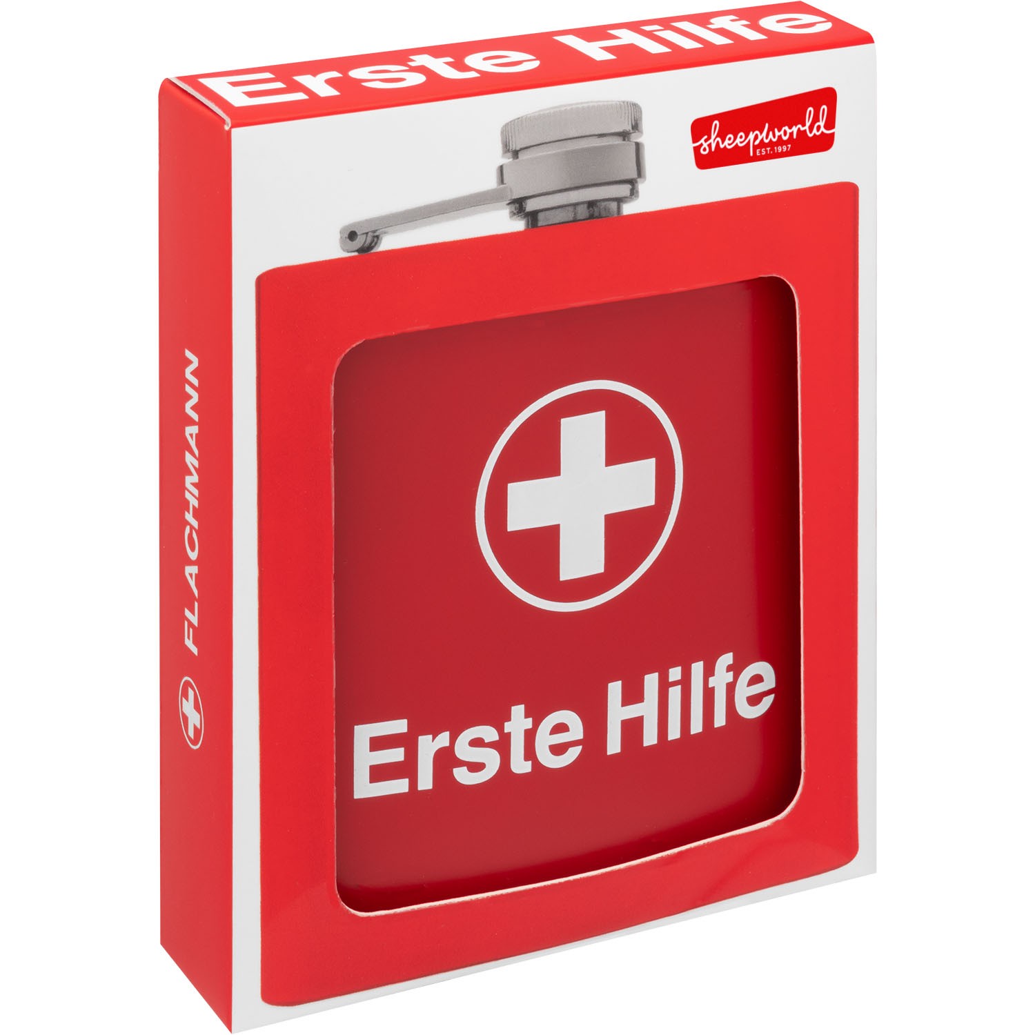 Roter Flachmann in Sichtfensterverpackung mit weißem Erste-Hilfe-Kreuz