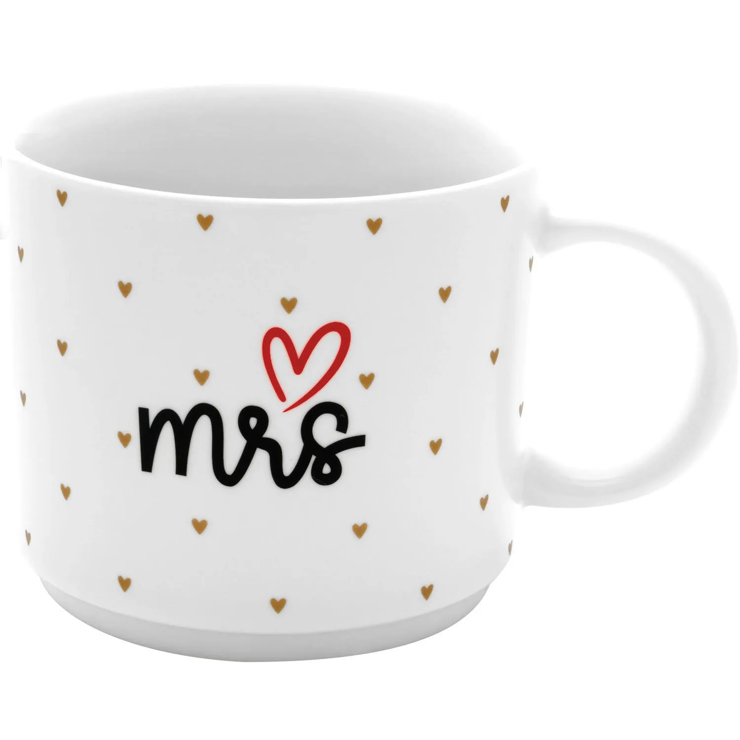 Weiße Porzellantasse mit Goldherzen und 'Mr. & Mrs' Schriftzug