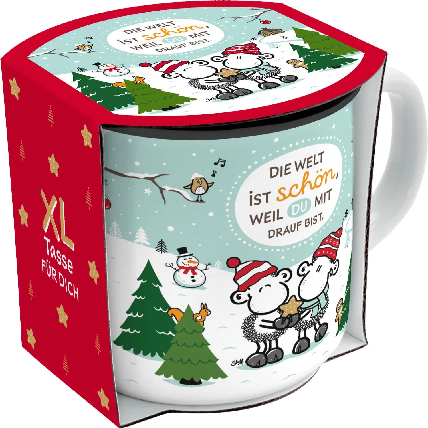 XL-Tasse aus Porzellan (52 cl) mit winterlichem Schäfchen-Motiv, roter Geschenkverpackung.