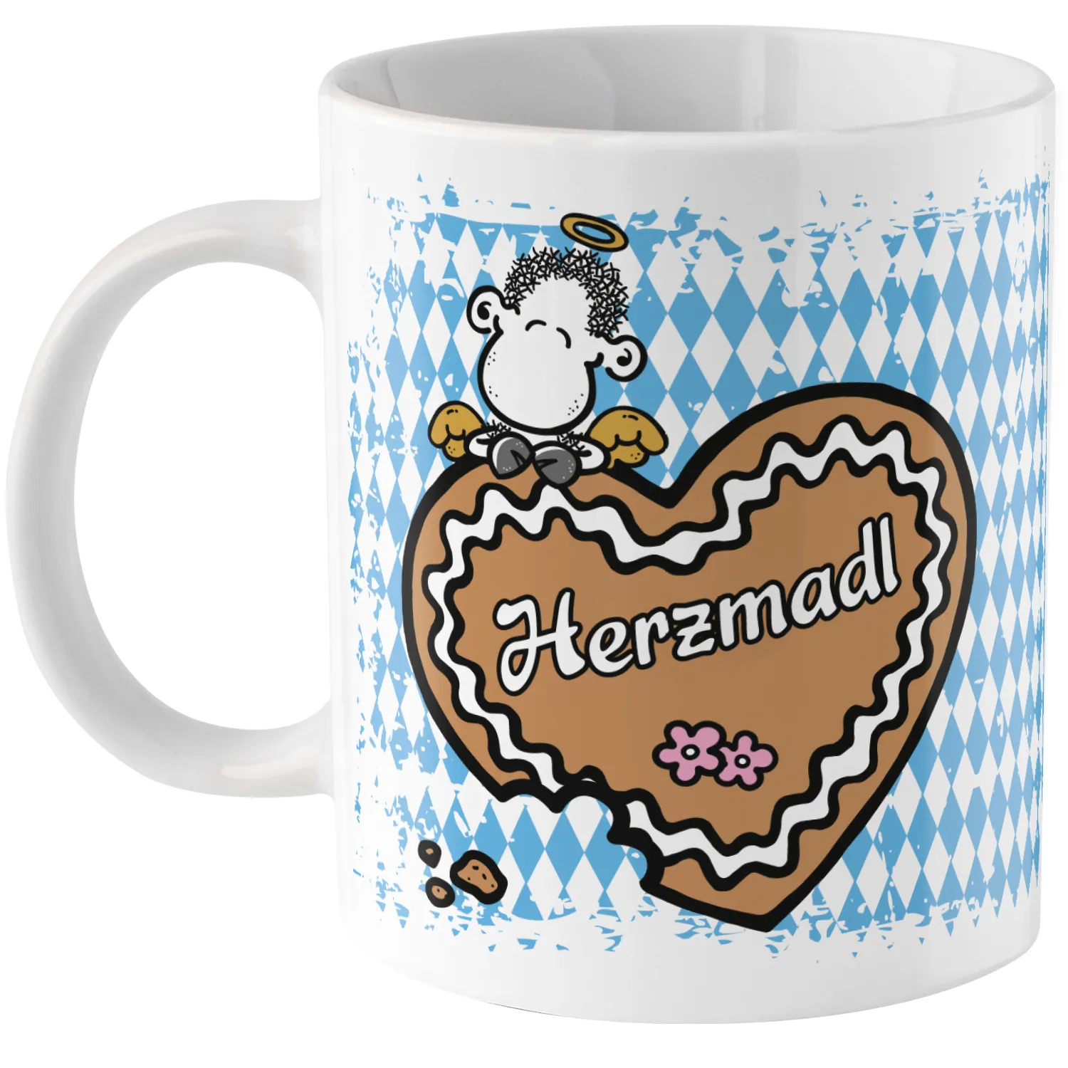 Weiße Keramik-Tasse mit braunem Herzmotiv und Schäfchen vor blau-weißem Muster