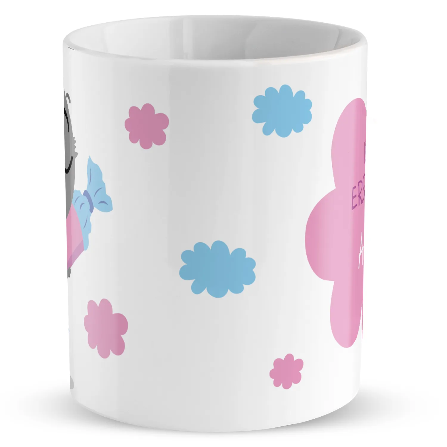 Weiße Porzellan-Tasse mit Pastellblumenmotiv, personalisierbar mit Namen