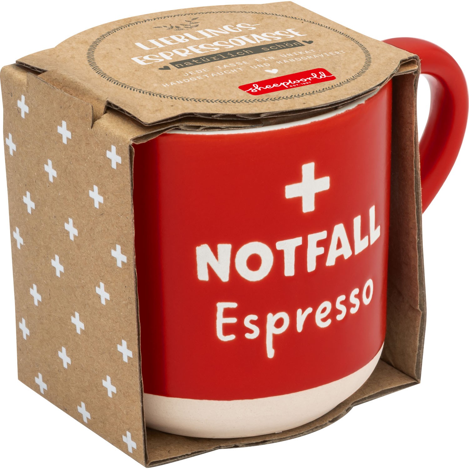 Rote Espressotasse aus Steinzeug mit weißem NOTFALL Espresso-Schriftzug, verpackt in braunem Kraftkarton.