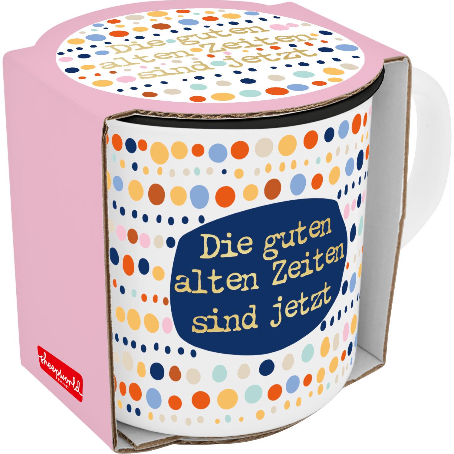 XL-Becher mit buntem Punktmuster und dunkelblauem Text 'Die guten alten Zeiten sind jetzt'.